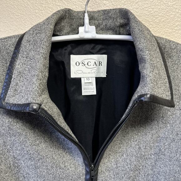 VTG Oscar De La Renta Sz 10 Gray lined Wool Jacket Leather Trim Classic Designer - Picture 5 of 12